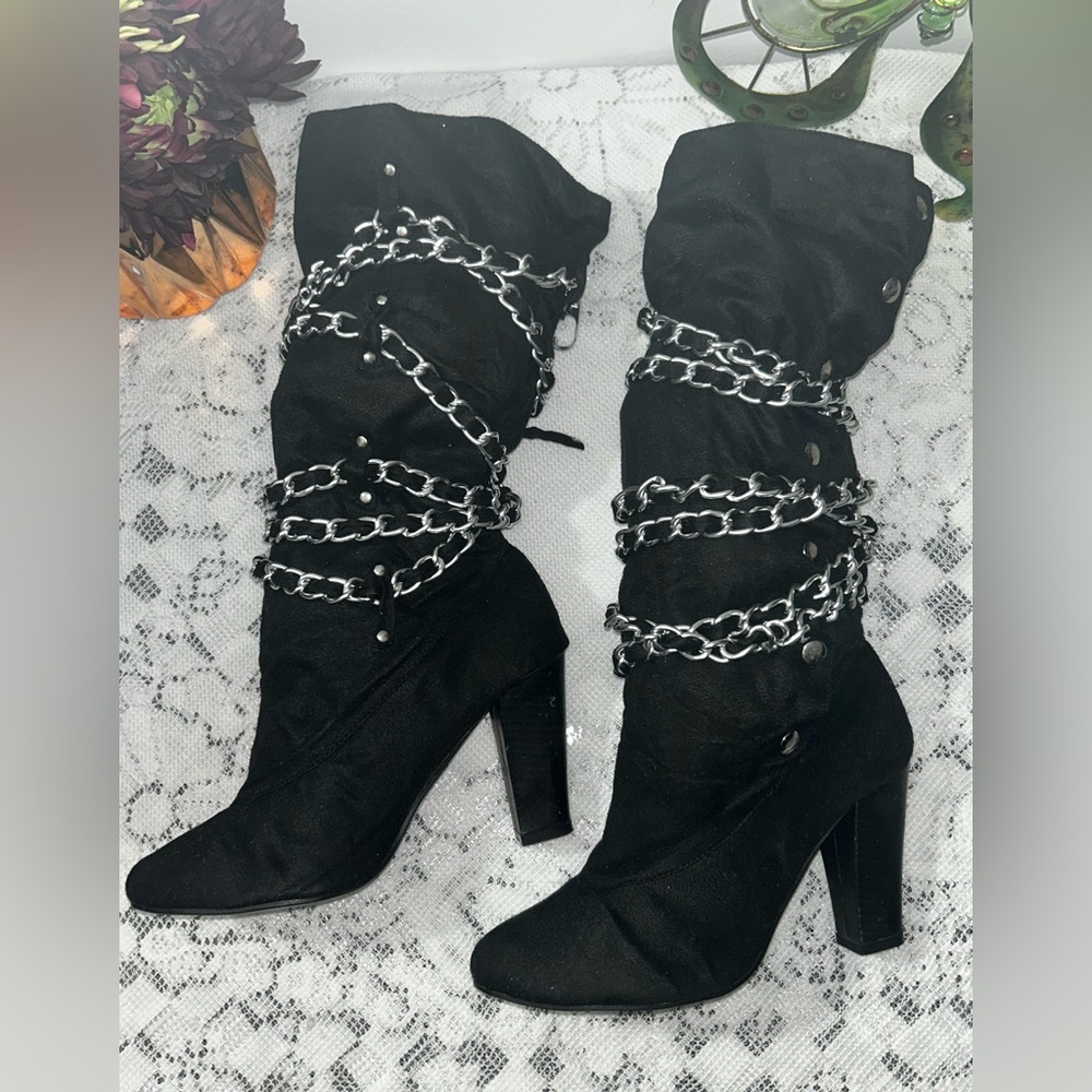 Black Vegan Suede Mid Calf Slouch Boots with Chain Straps